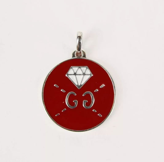 Gucci Red Enamel Round Silver Pendant Charm w/Diamond Motif