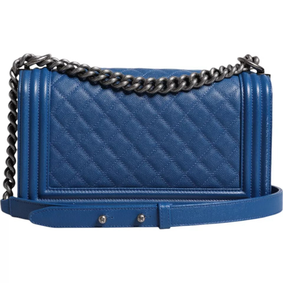 Chanel Blue Lambskin Double Chain Leather Medium Shoulder Women's Bag