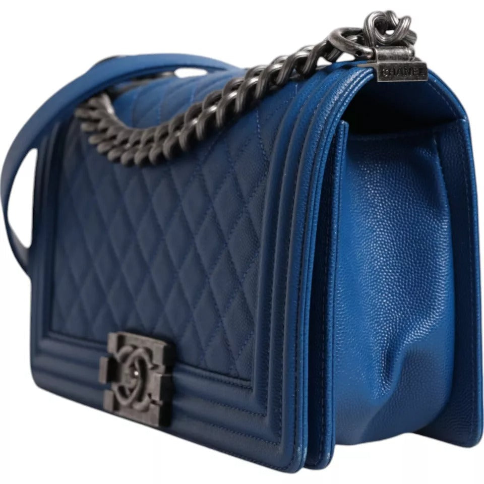 Chanel Blue Lambskin Double Chain Leather Medium Shoulder Women's Bag