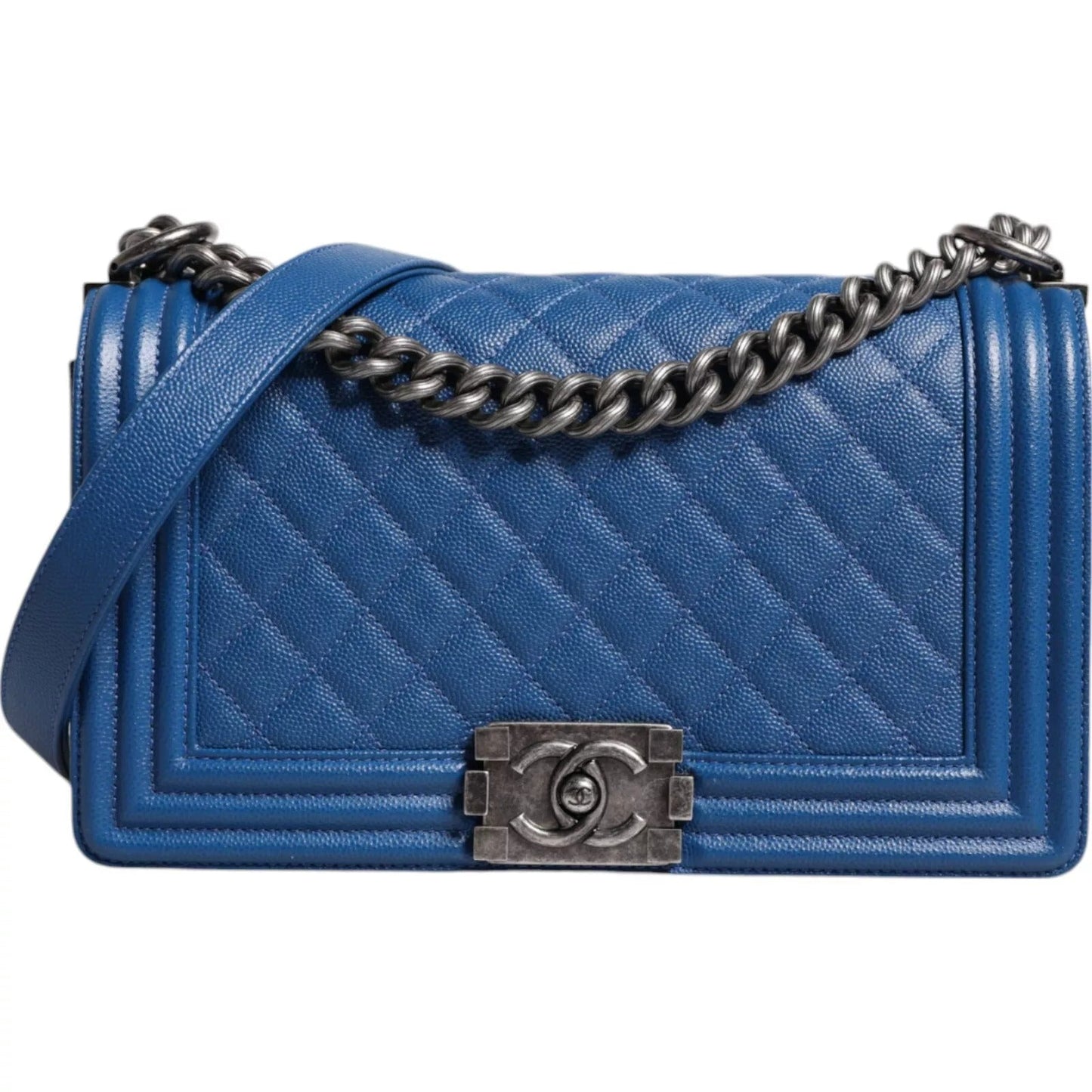 Chanel Blue Lambskin Double Chain Leather Medium Shoulder Women's Bag