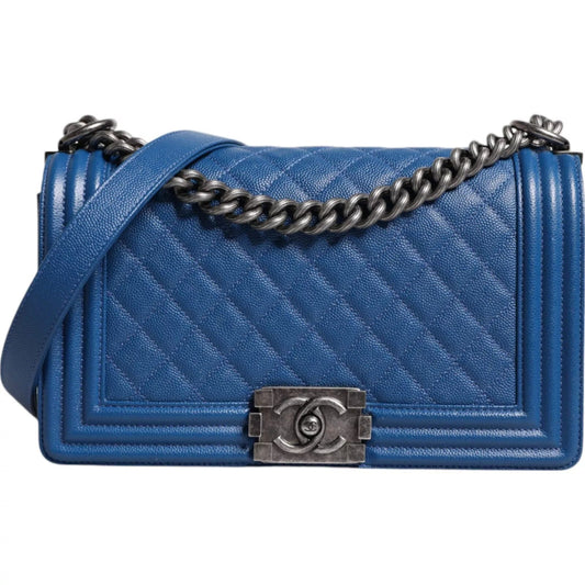 Chanel Blue Lambskin Double Chain Leather Medium Shoulder Women's Bag