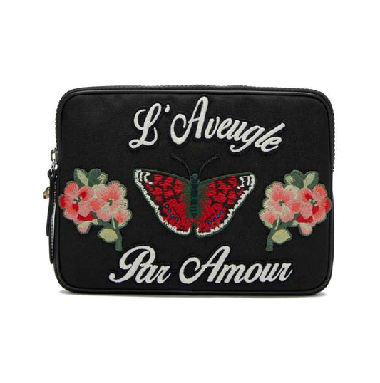 Gucci Women's Black Techno Canvas Embroidered Butterfly iPad Case Clutch