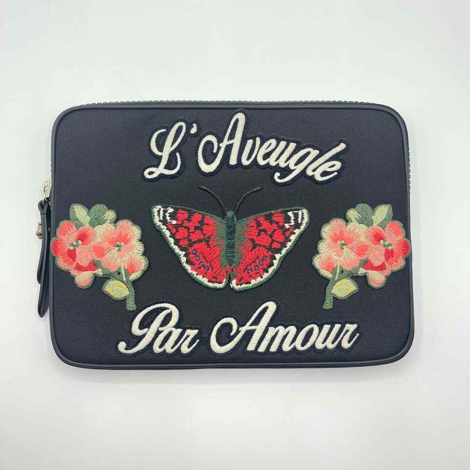 Gucci Women's Black Techno Canvas Embroidered Butterfly iPad Case Clutch