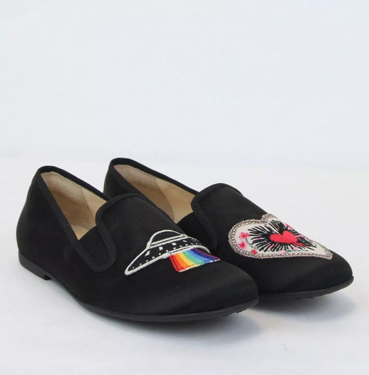 Gucci Unisex Children's Black Silk Flats w/Heart Icon 32/US .5 484976 1000