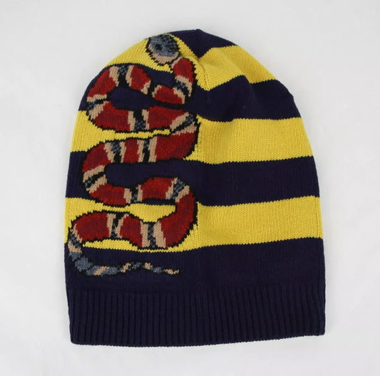 Gucci Blue/Yellow Striped Wool Knit Beanie with Snake M/58 500928 4075