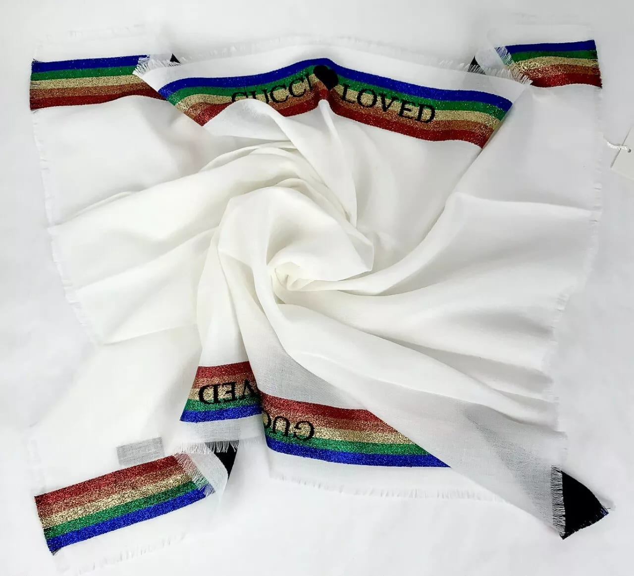 New Gucci Loved Kids Ladies White Cotton Neck Scarf w/Rainbow Stripe