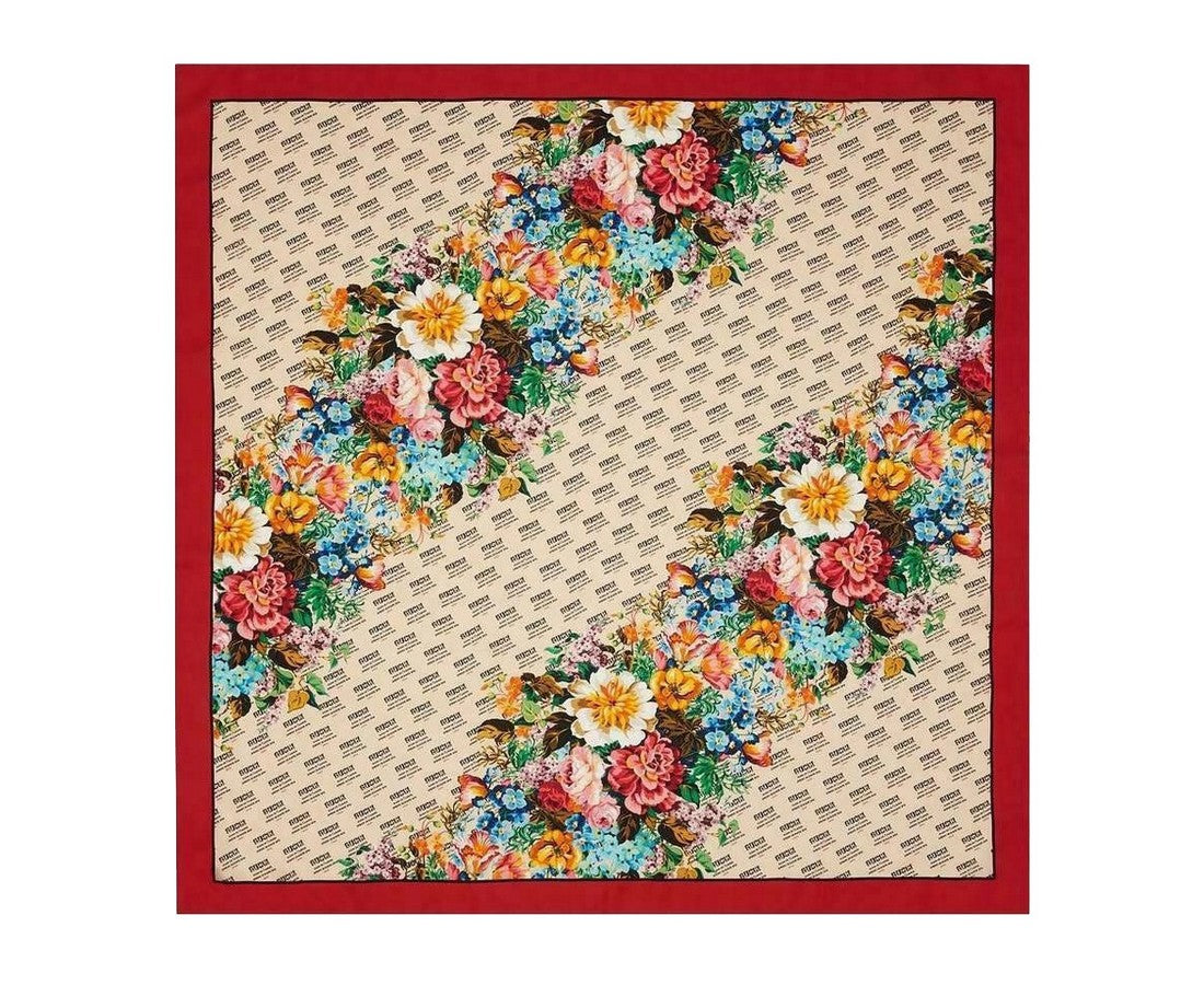Gucci Women's Beige Monogram Logo Print Red Flower Motif Silk Scarf