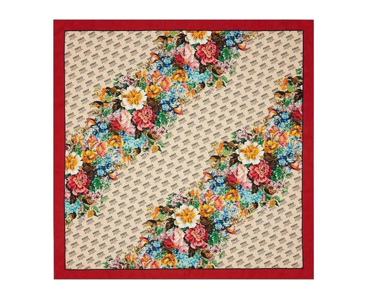 Gucci Women's Beige Monogram Logo Print Red Flower Motif Silk Scarf