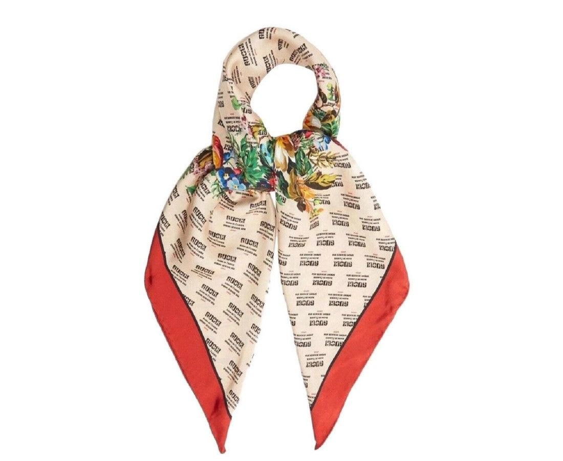 Gucci Women's Beige Monogram Logo Print Red Flower Motif Silk Scarf