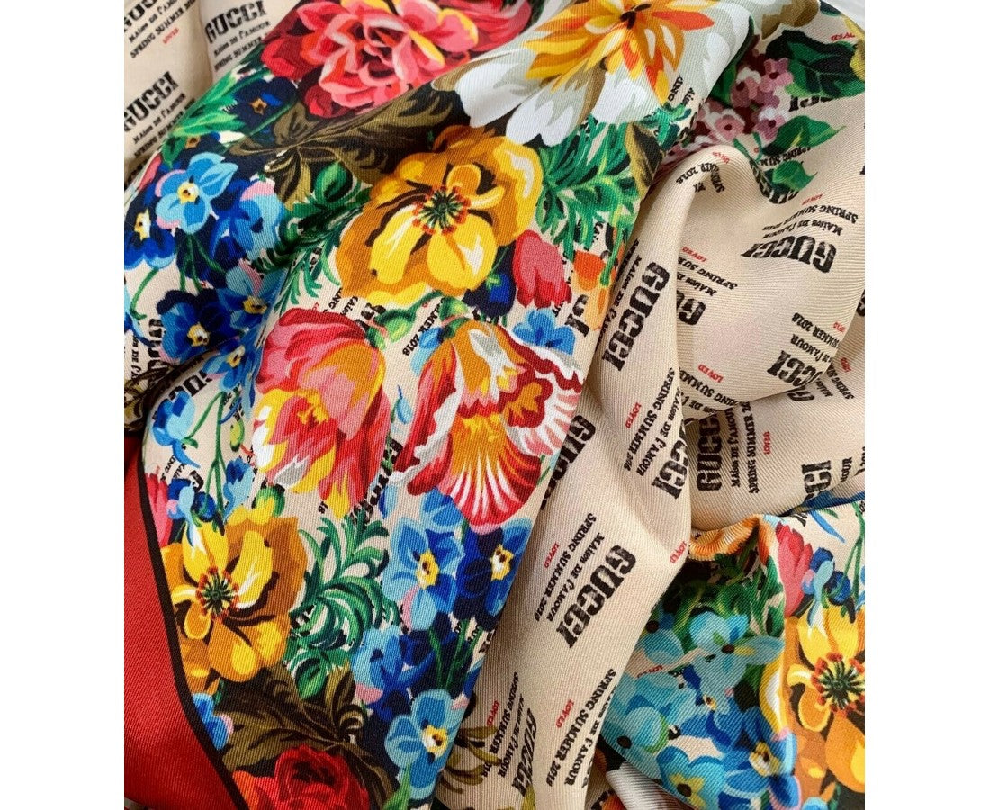 Gucci Women's Beige Monogram Logo Print Red Flower Motif Silk Scarf