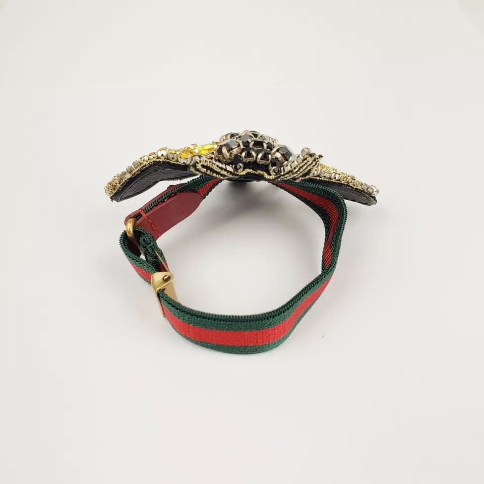 Gucci Black/Gold Crystal Bee Bracelet w/Tiger Head and GRG Elastic Band