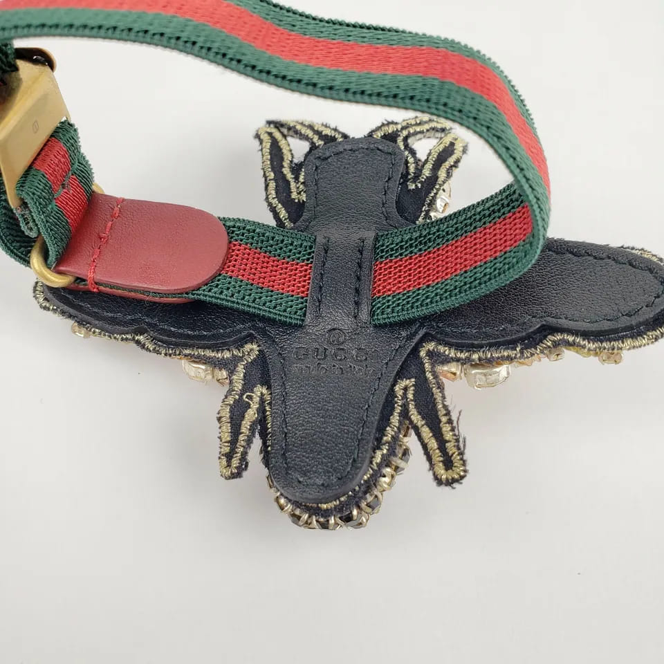 Gucci Black/Gold Crystal Bee Bracelet w/Tiger Head and GRG Elastic Band