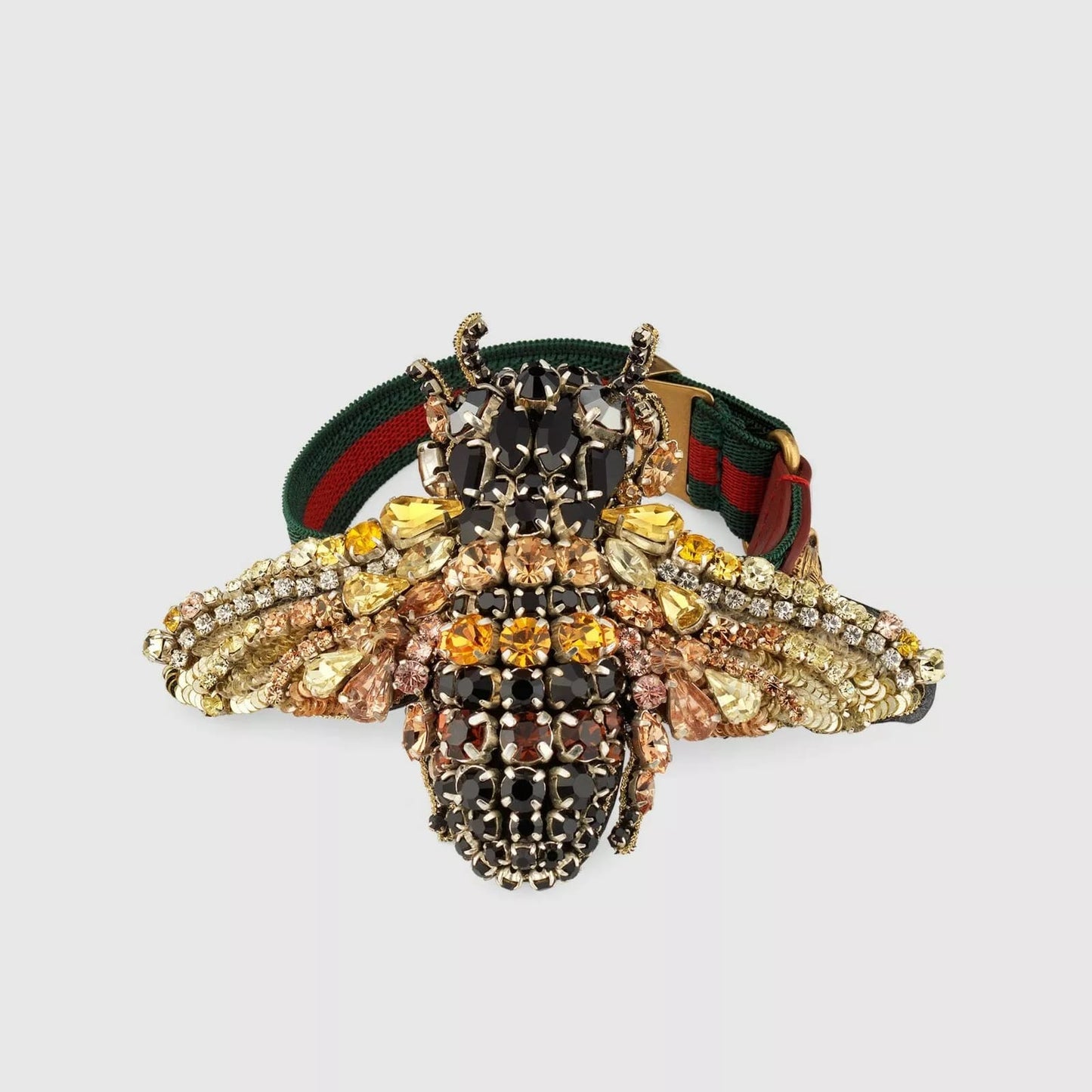 Gucci Black/Gold Crystal Bee Bracelet w/Tiger Head and GRG Elastic Band