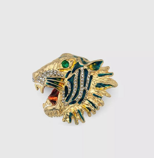 Gucci Women's Bronze Rajah Tiger Head Ring with Crystals