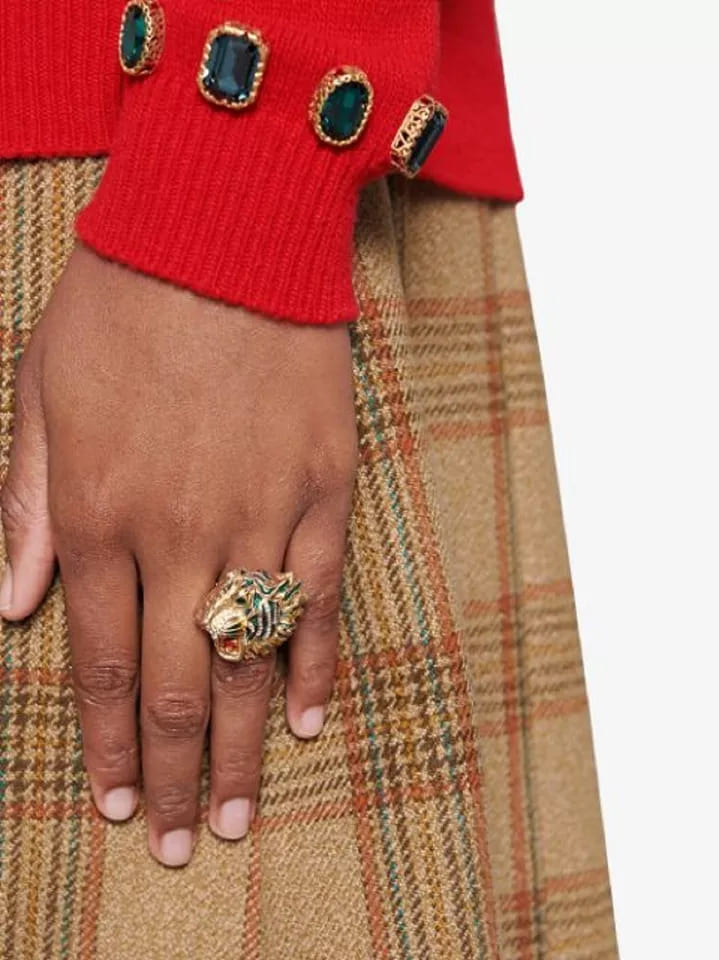 Gucci Women's Bronze Rajah Tiger Head Ring with Crystals