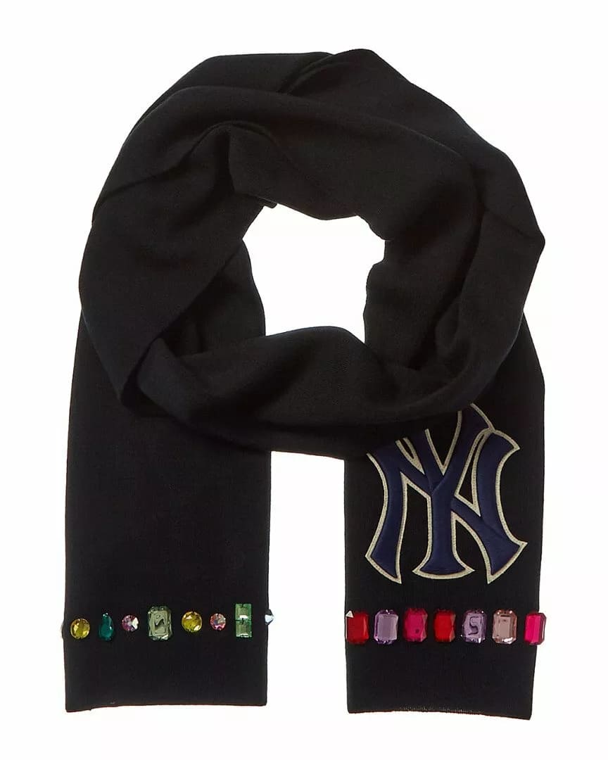 New Gucci NY Yankee Black Wool Scarf With Multi-color Gems