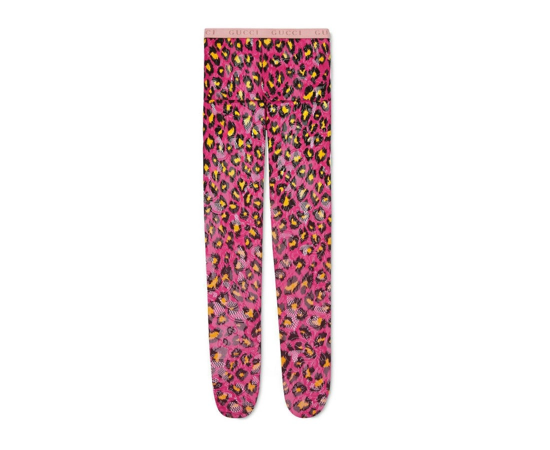 Gucci Women's Pink Yellow Blossom GG Leopard Print Tights(Medium)