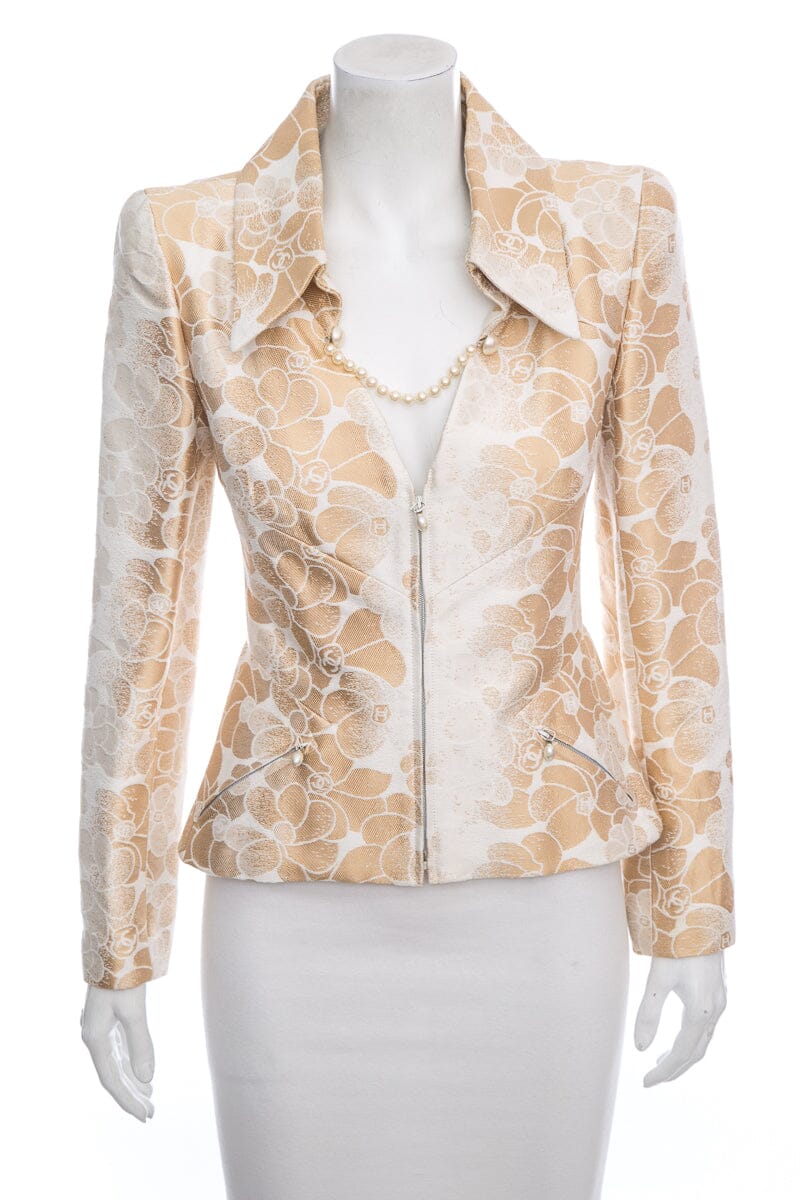 Chanel 2017 Cream & Gold Floral Print Jacket SZ 38