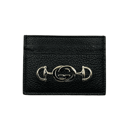 New Women's Gucci Zumi Black Leather Card Holder Wallet Metal GG Logo w/Box