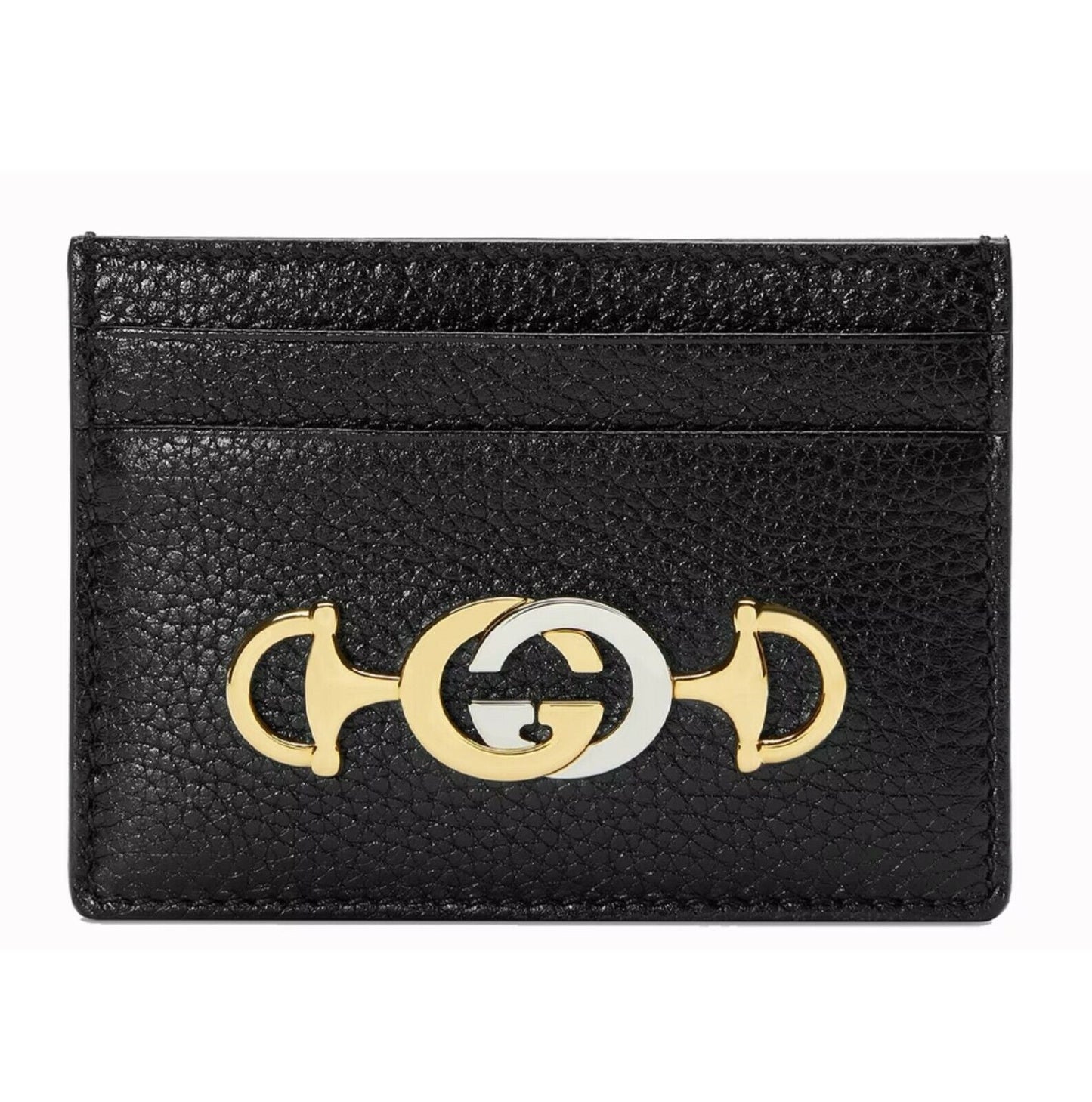 New Women's Gucci Zumi Black Leather Card Holder Wallet Metal GG Logo w/Box