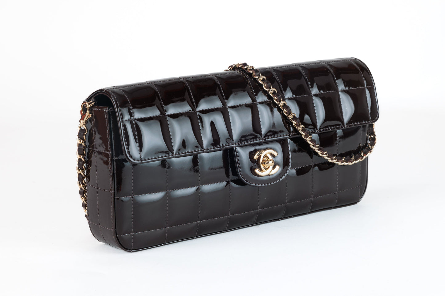 Chanel Brown Patent Leather  Chocolate Bar East West Flap Bag with Gold Hardware