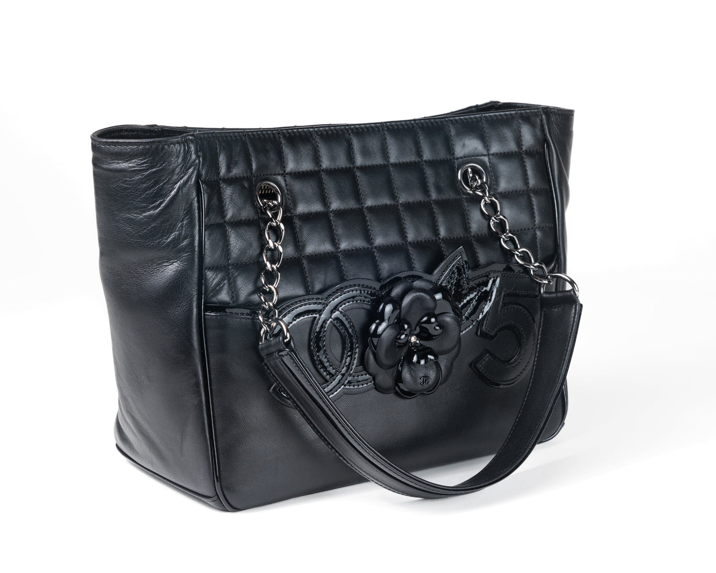 Chanel Black Lambskin Camellia Mini Shopper Tote with Silver Hardware