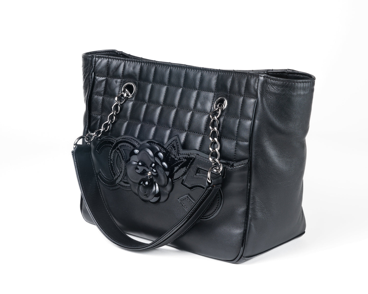 Chanel Black Lambskin Camellia Mini Shopper Tote with Silver Hardware