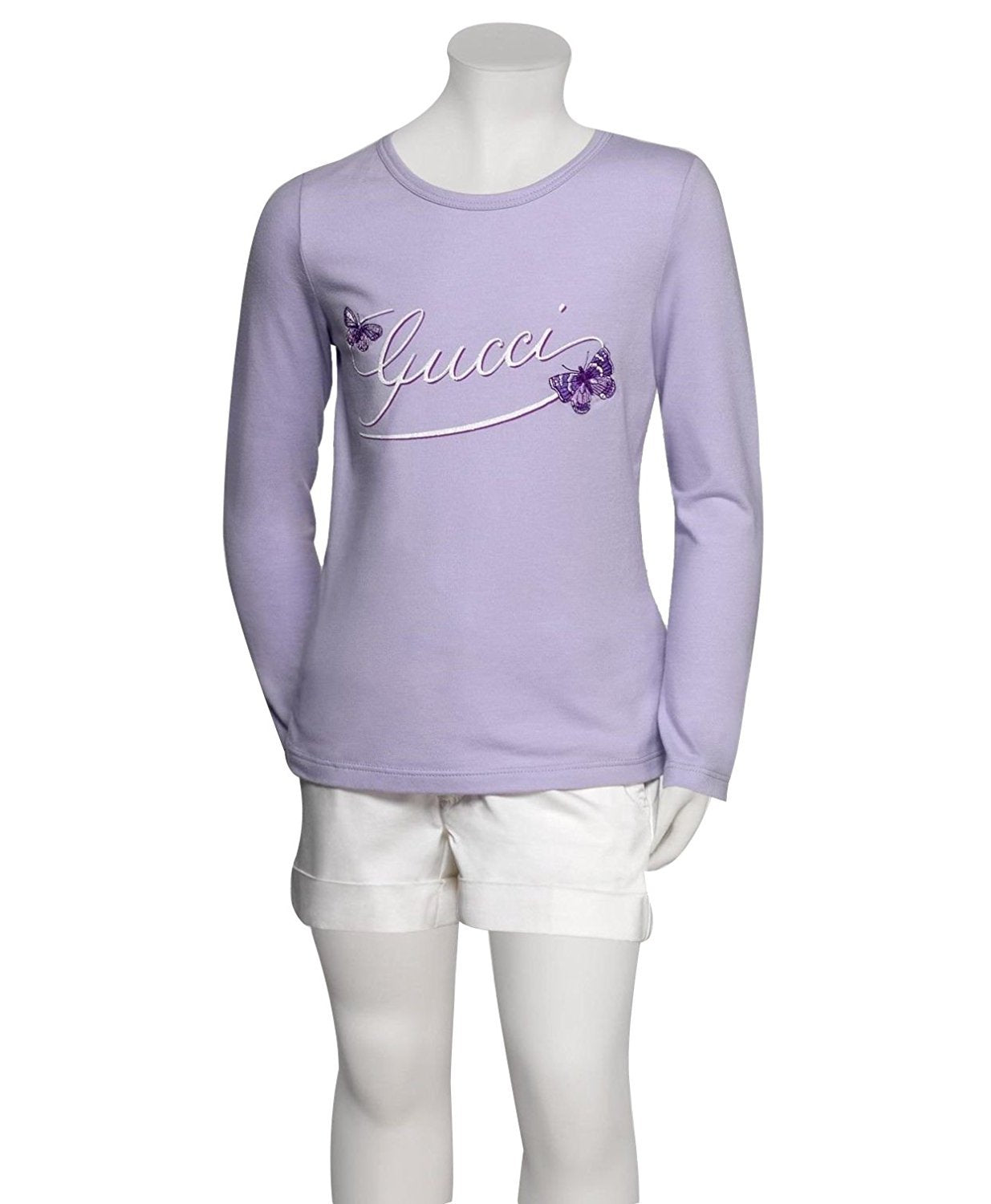 Gucci Kids Lilac Cotton Elastane Butterfly Embroidery Long Sleeve Top T Shirt 258571