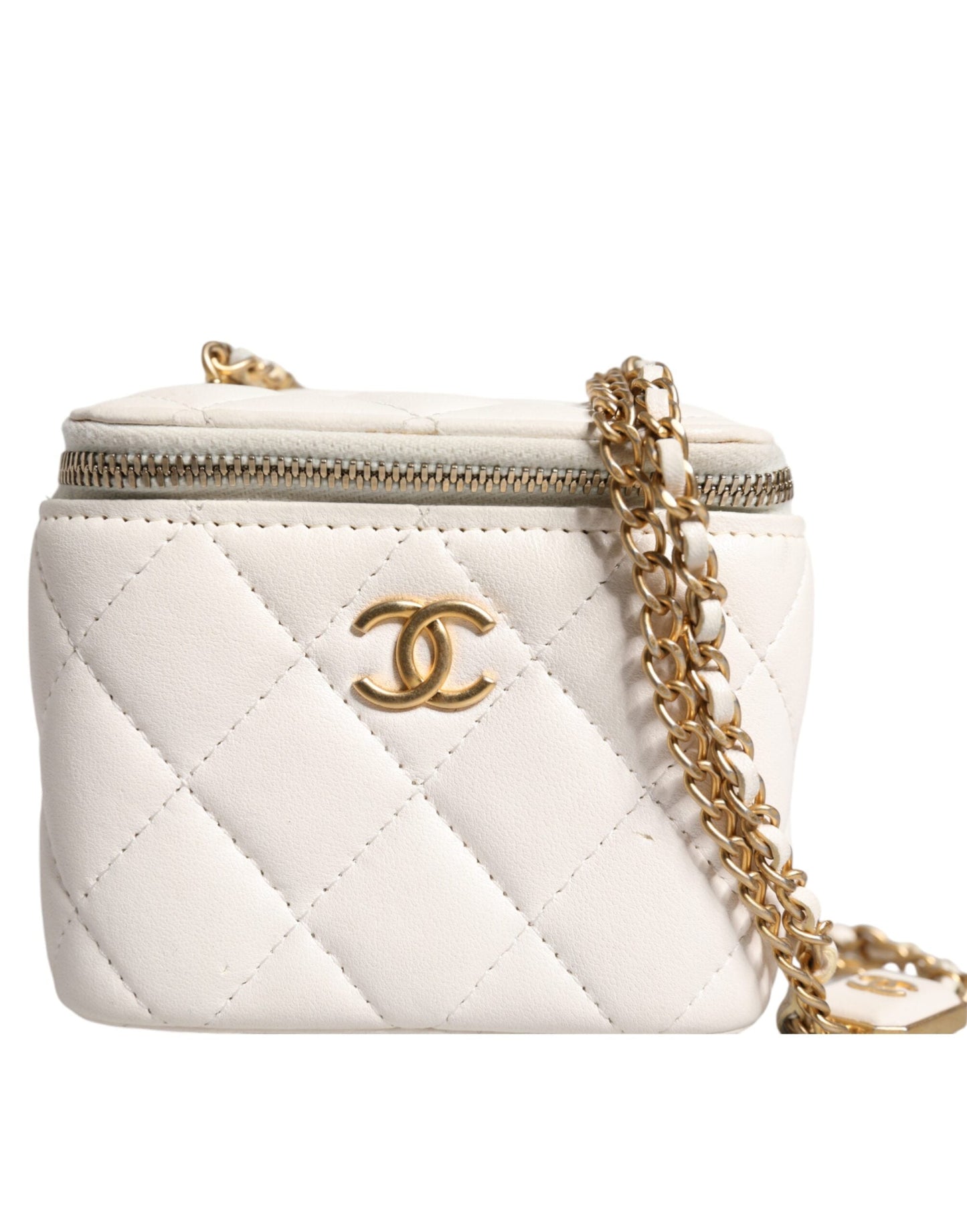 Chanel White Matelasse Lambskin Gold Chain Shoulder Vanity Women's Mirror