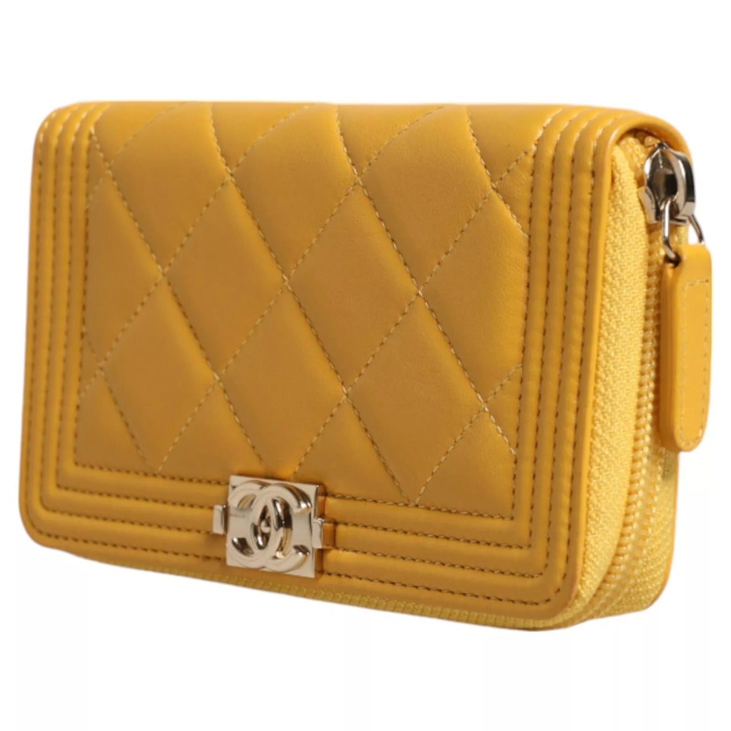 Chanel Yellow Quilted Leather CC Logo Continental Zip Women's Wallet