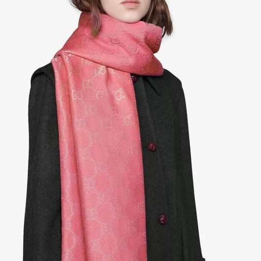 Gucci Bright Pink Metallic Gold Guccissima Wool Blend Scarf
