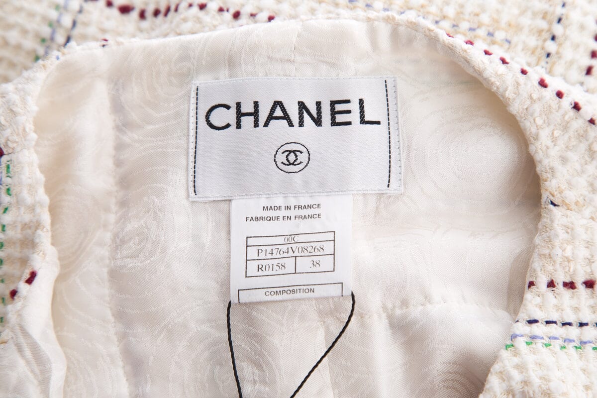 Chanel 2000 Cream & Red Tweed Zip Up Jacket SZ 38