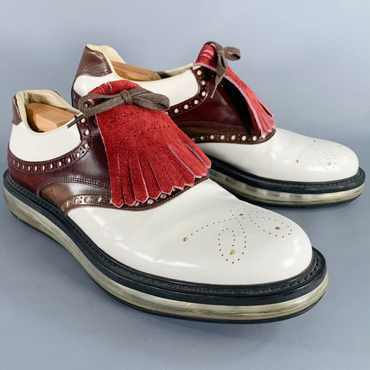 PRADA Size 12 White Burgundy Perforated Leather Lace-Up Shoes