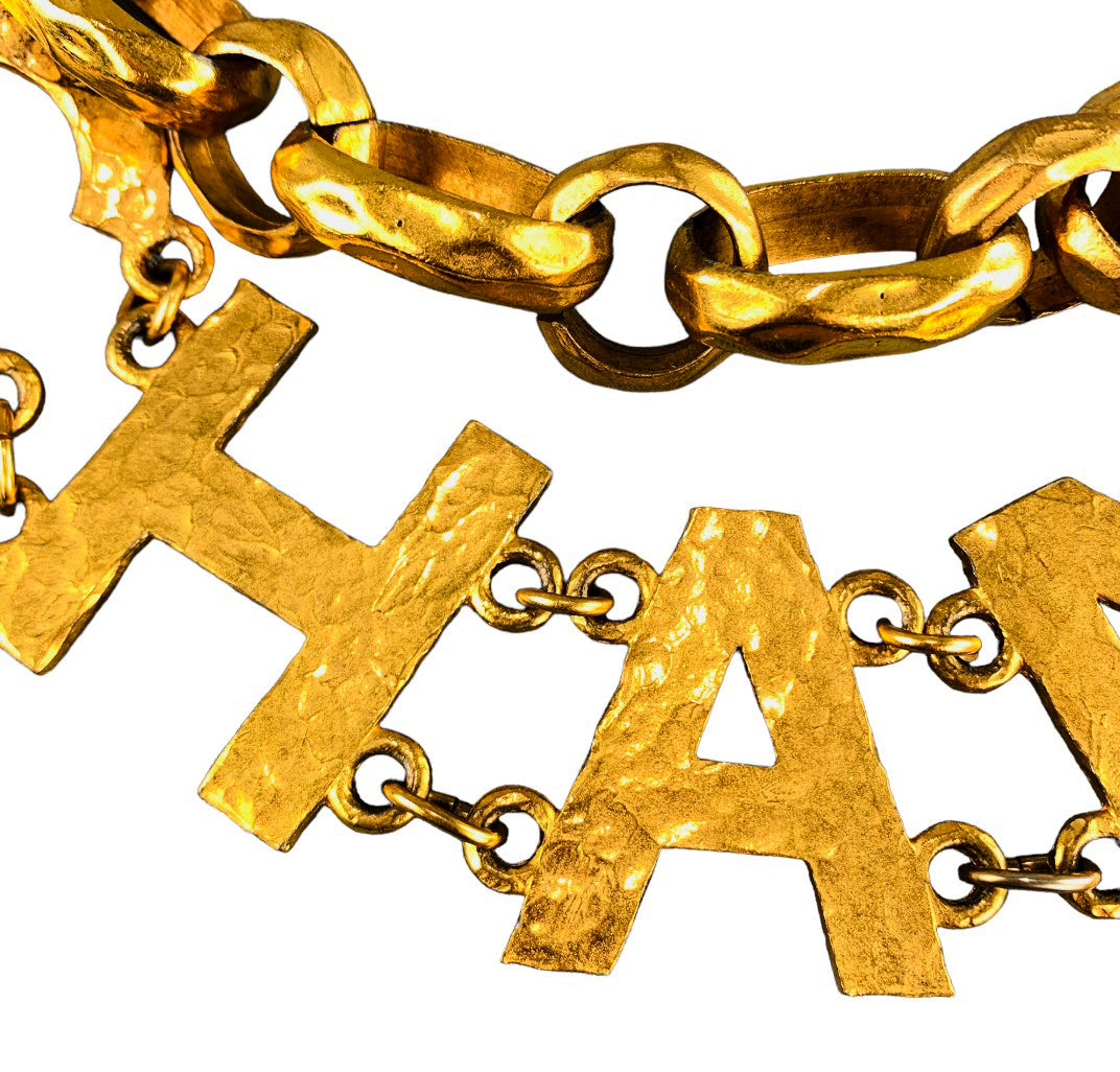 Chanel 1993 Vintage Gold Tone Hammered Metal Chain Letters Belt