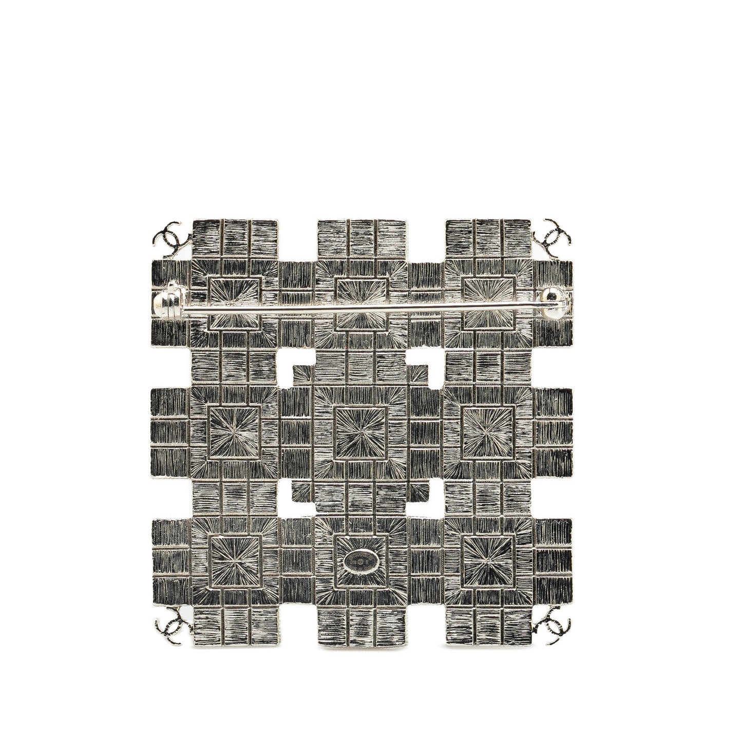 Silver Chanel Silver Plated  CC Crystal Square Brooch