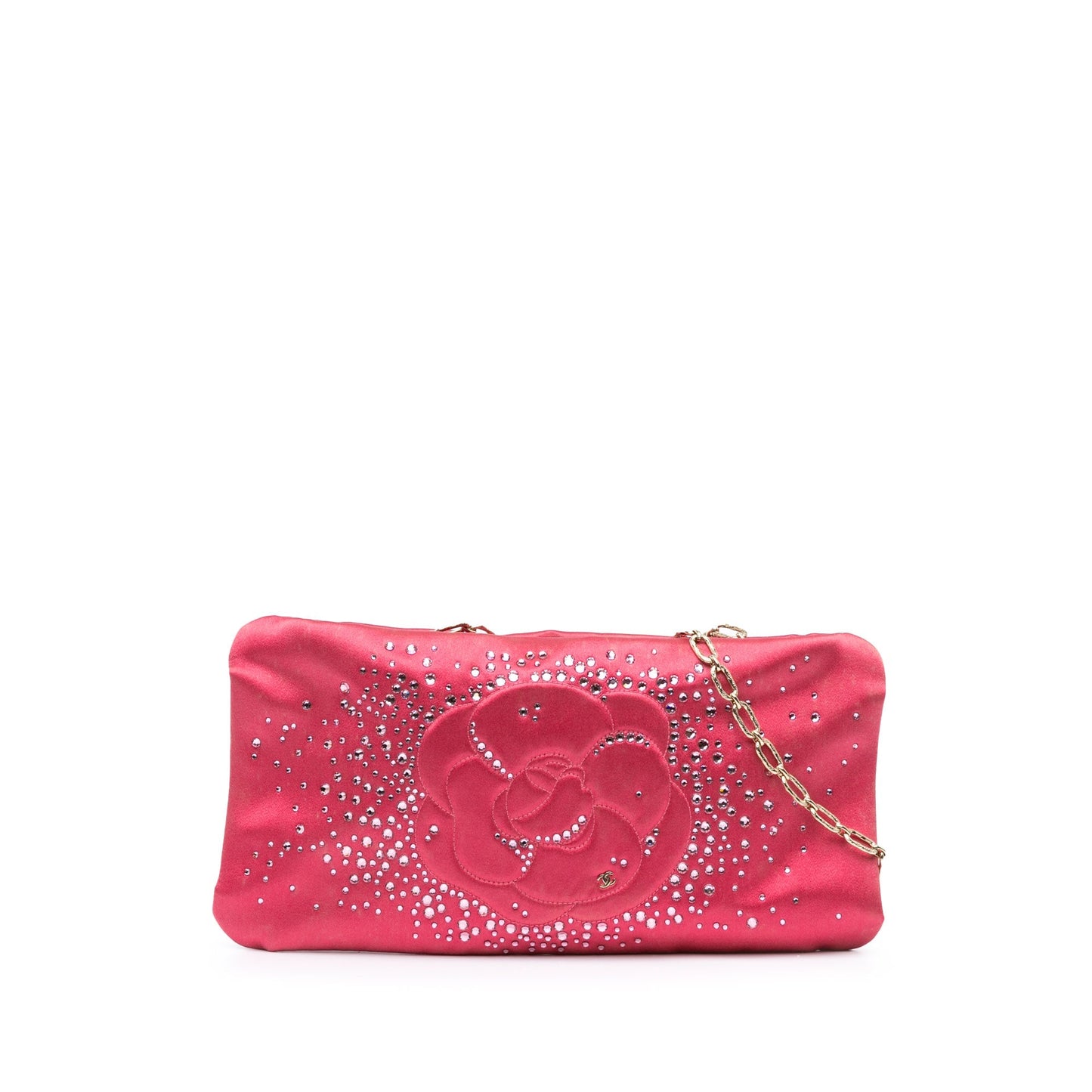 Pink Chanel Satin Diamante Camellia Clutch with Chain Shoulder Bag