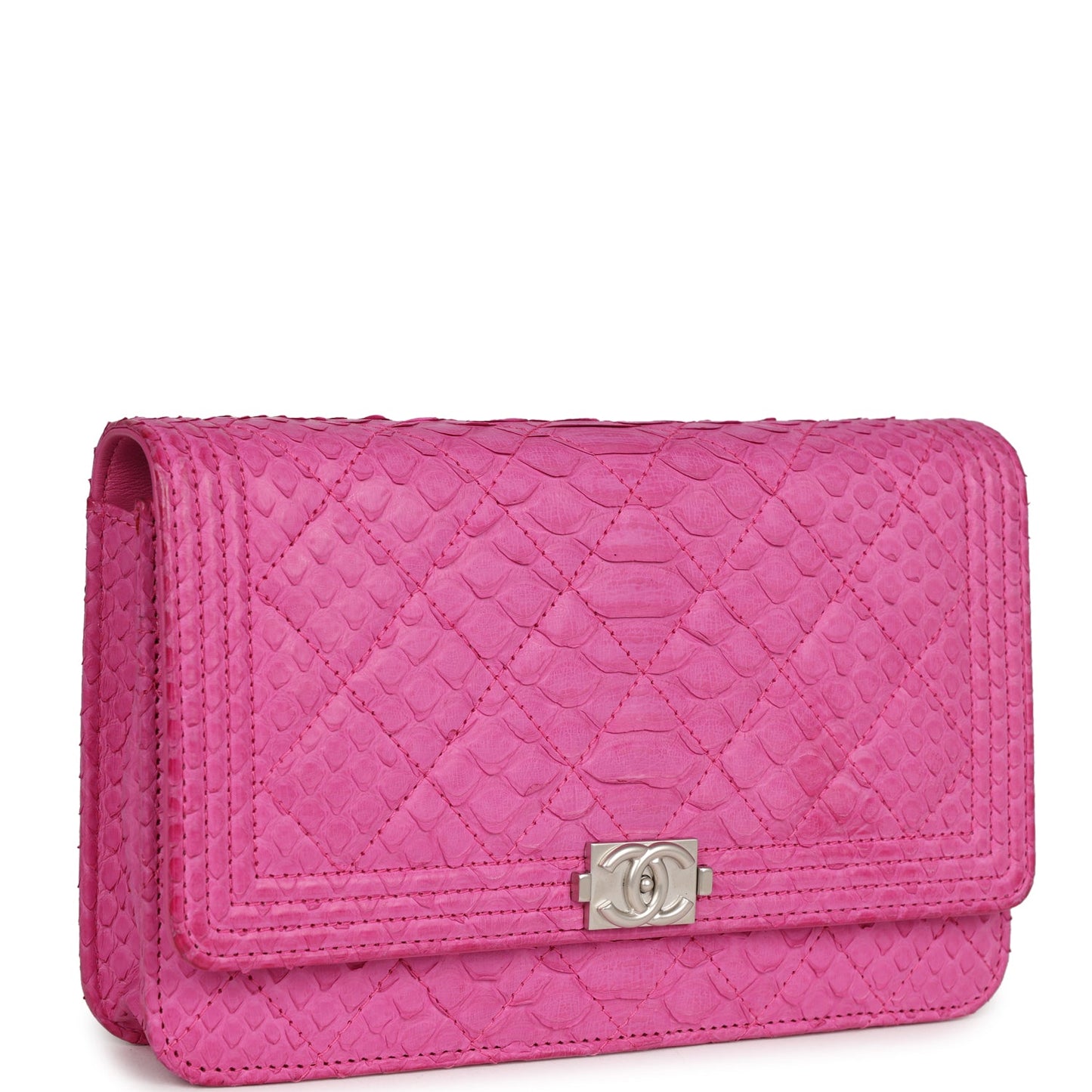 Chanel Boy Wallet On Chain WOC Hot Pink Python Brushed Silver Hardware