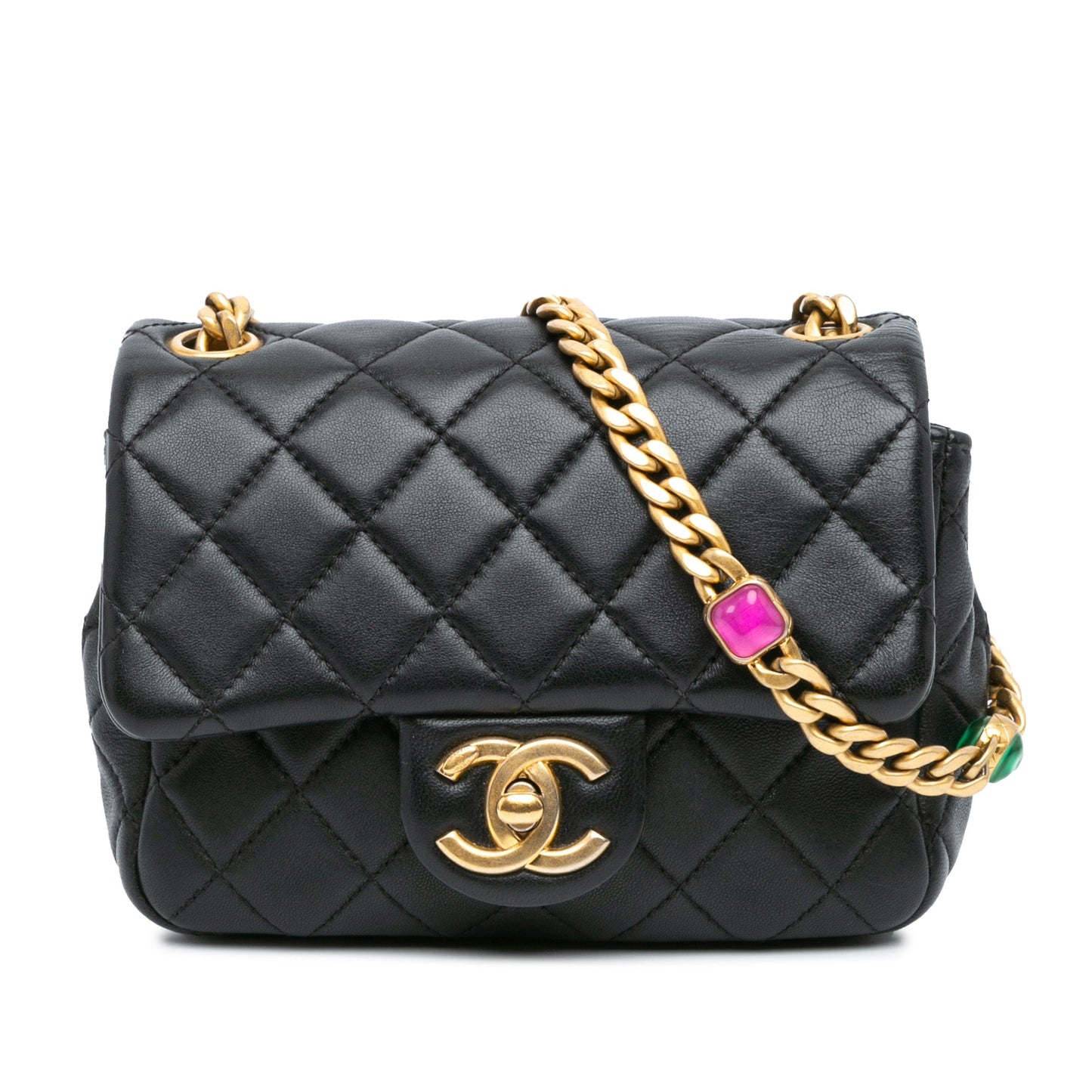 Black Chanel Mini Square Lambskin Pearl Samba Flap Crossbody Bag