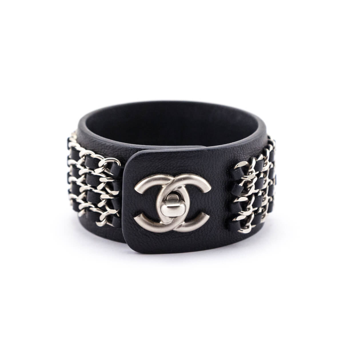 Chanel Black Leather Chain Turnlock CC Bracelet