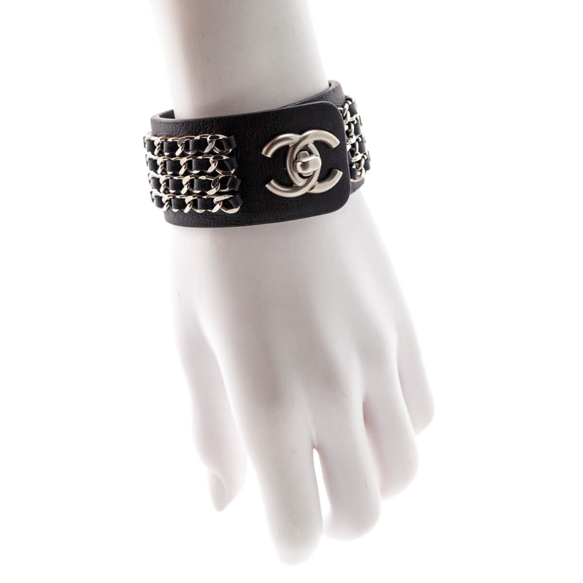 Chanel Black Leather Chain Turnlock CC Bracelet