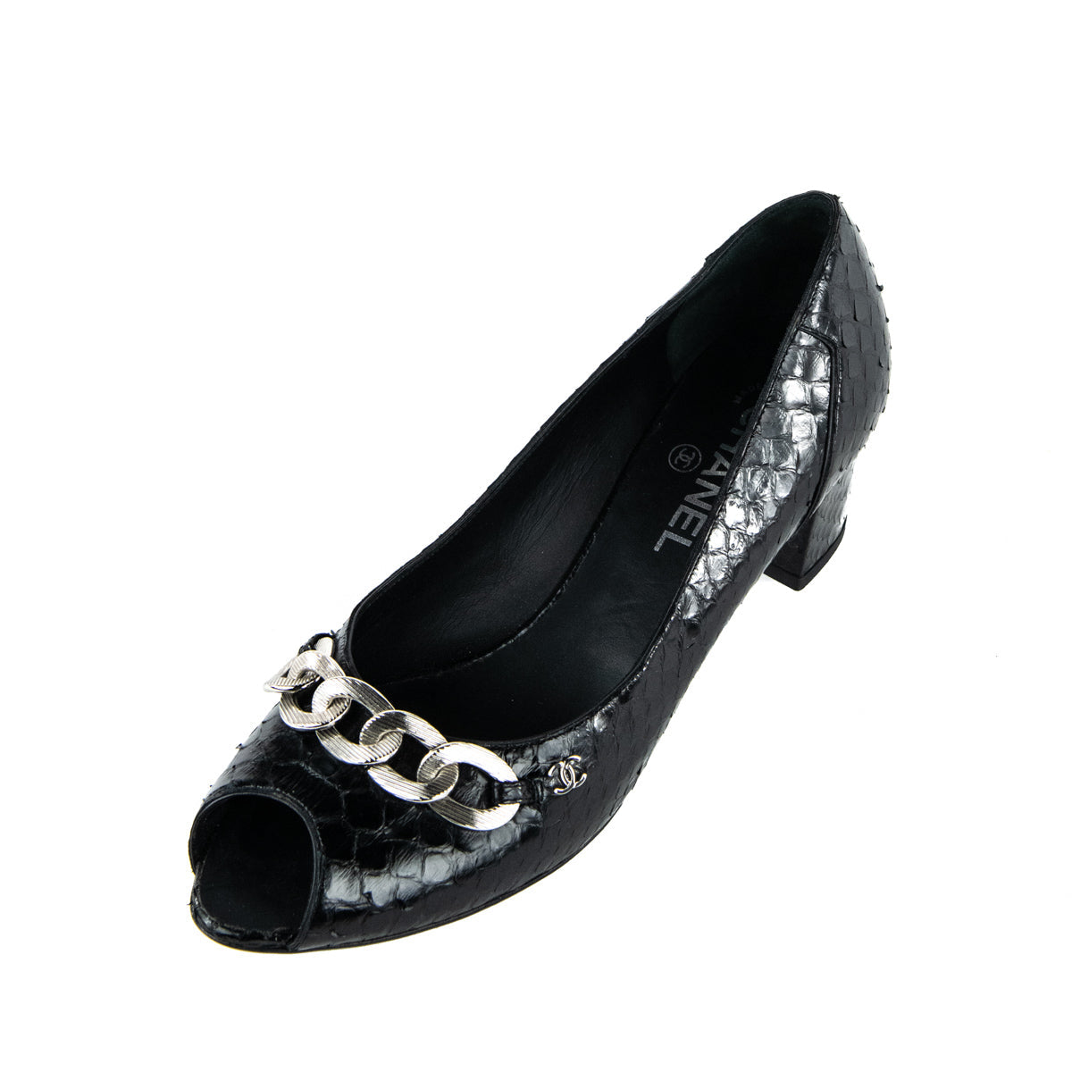 Chanel Black Python Chain CC Peep Toe Pumps Size US 10.5 | EU 40.5