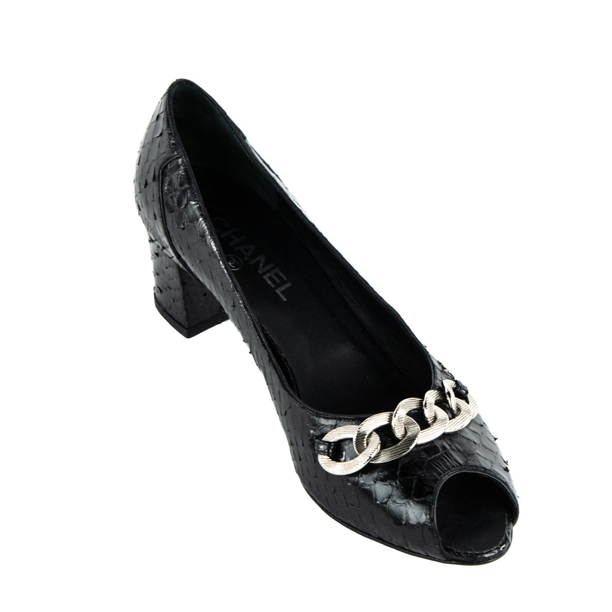 Chanel Black Python Chain CC Peep Toe Pumps Size US 10.5 | EU 40.5