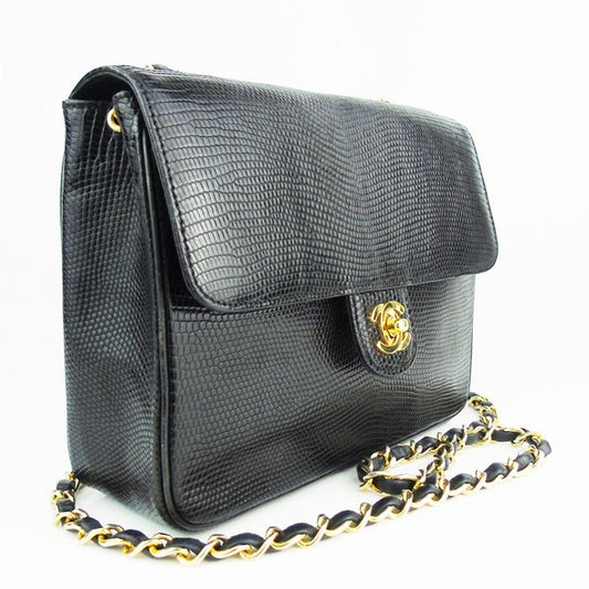 CHANEL black lizard exotic leather flap bag - vintage