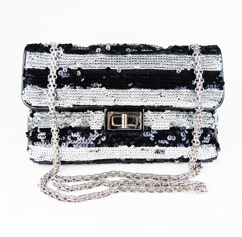 CHANEL black and silver striped sequin 10" flap bag