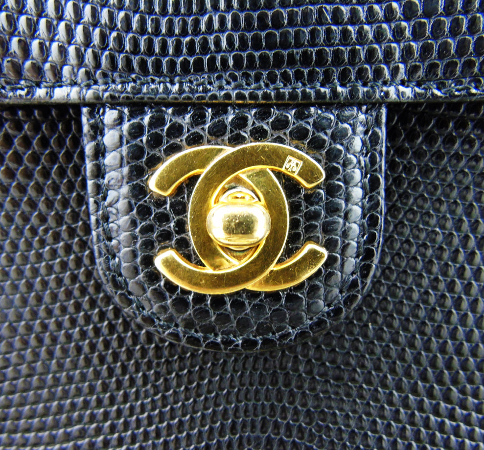 CHANEL black lizard exotic leather flap bag - vintage