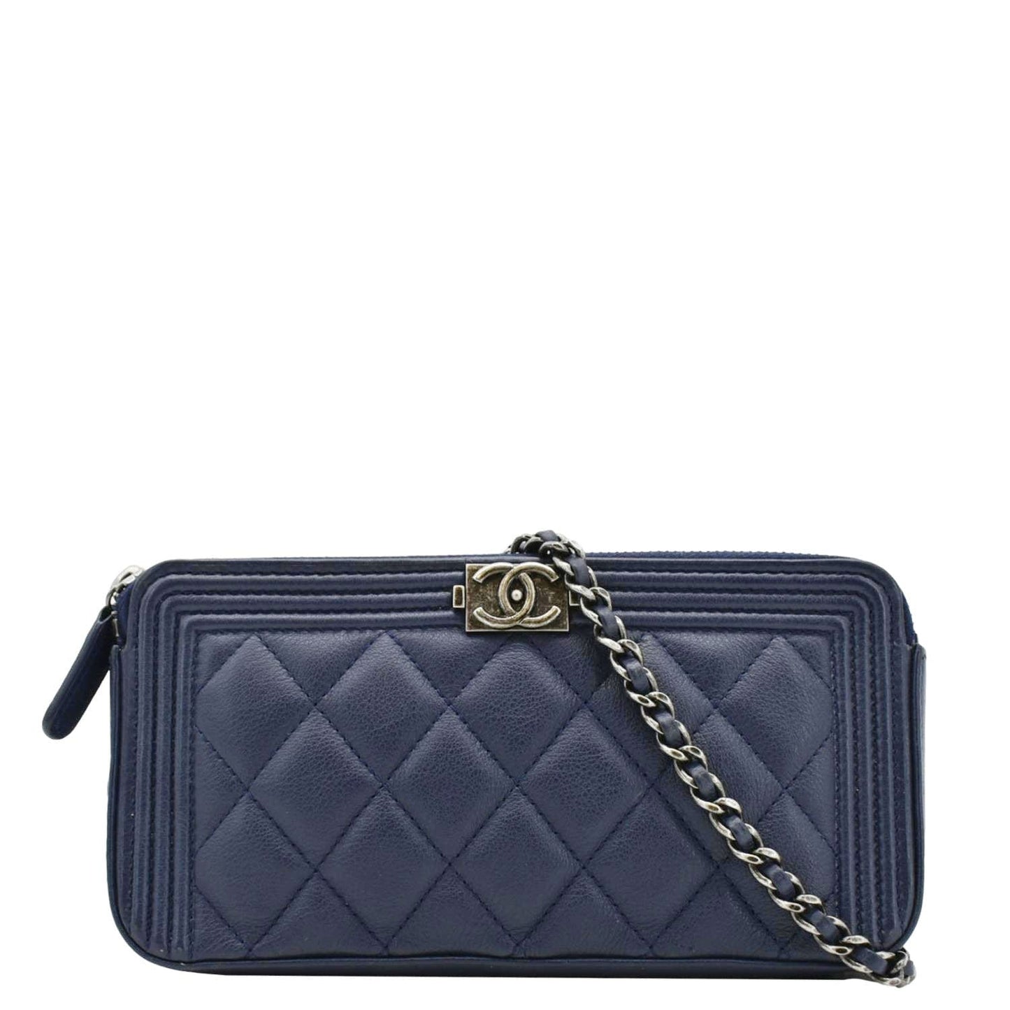 CHANEL Boy Double Zip Wallet on Chain Leather Crossbody Bag Navy Blue