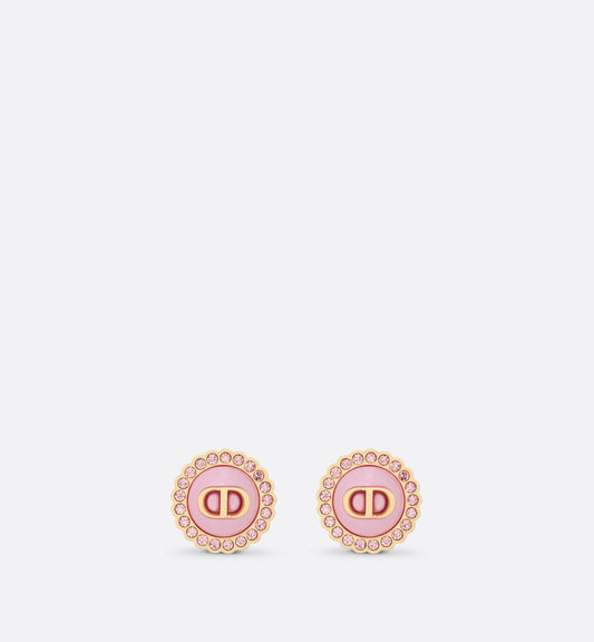 Petit CD Stud Earrings • Gold-Finish Metal, Pink Crystals and Light Pink Glass