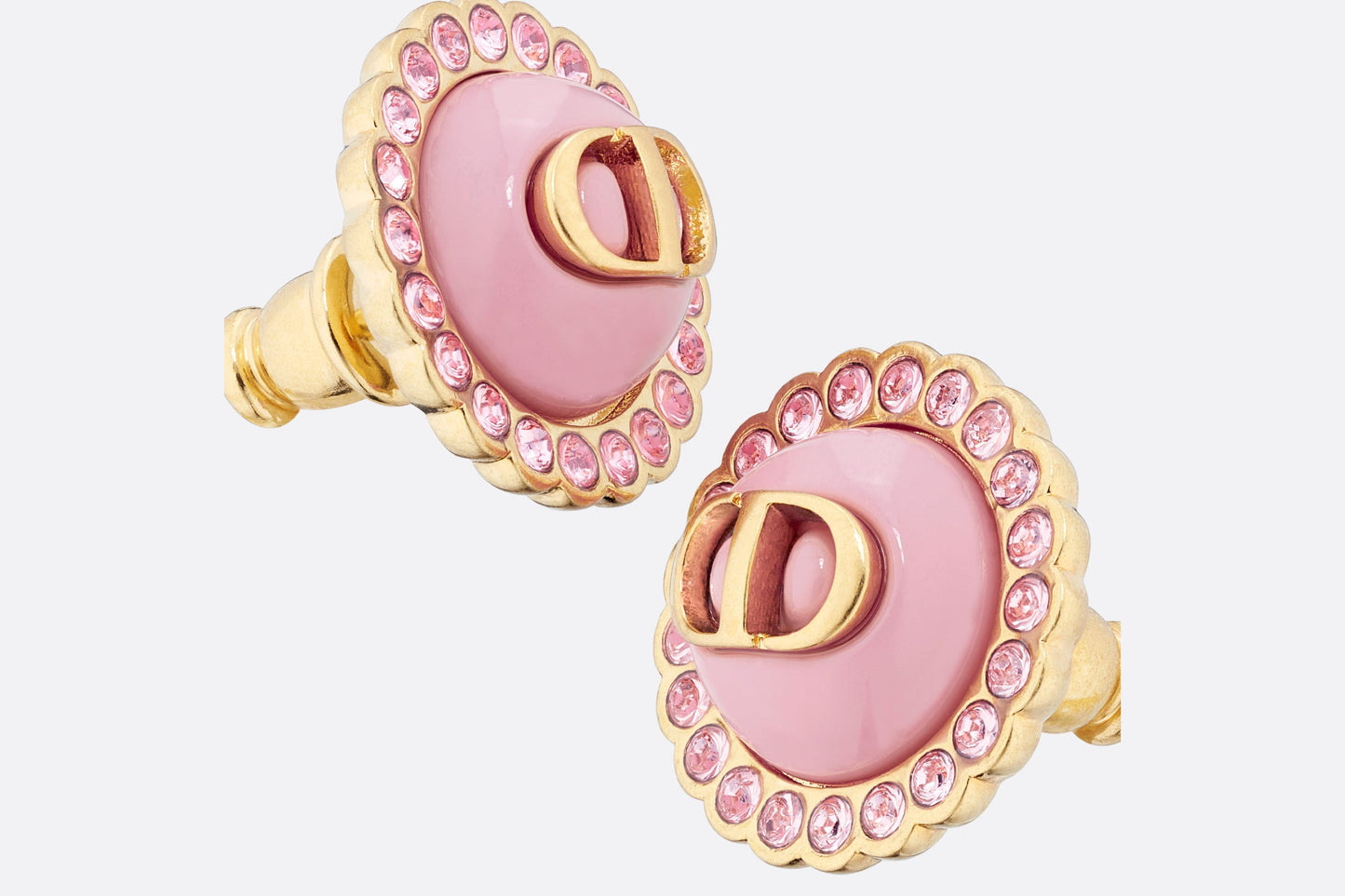 Petit CD Stud Earrings • Gold-Finish Metal, Pink Crystals and Light Pink Glass