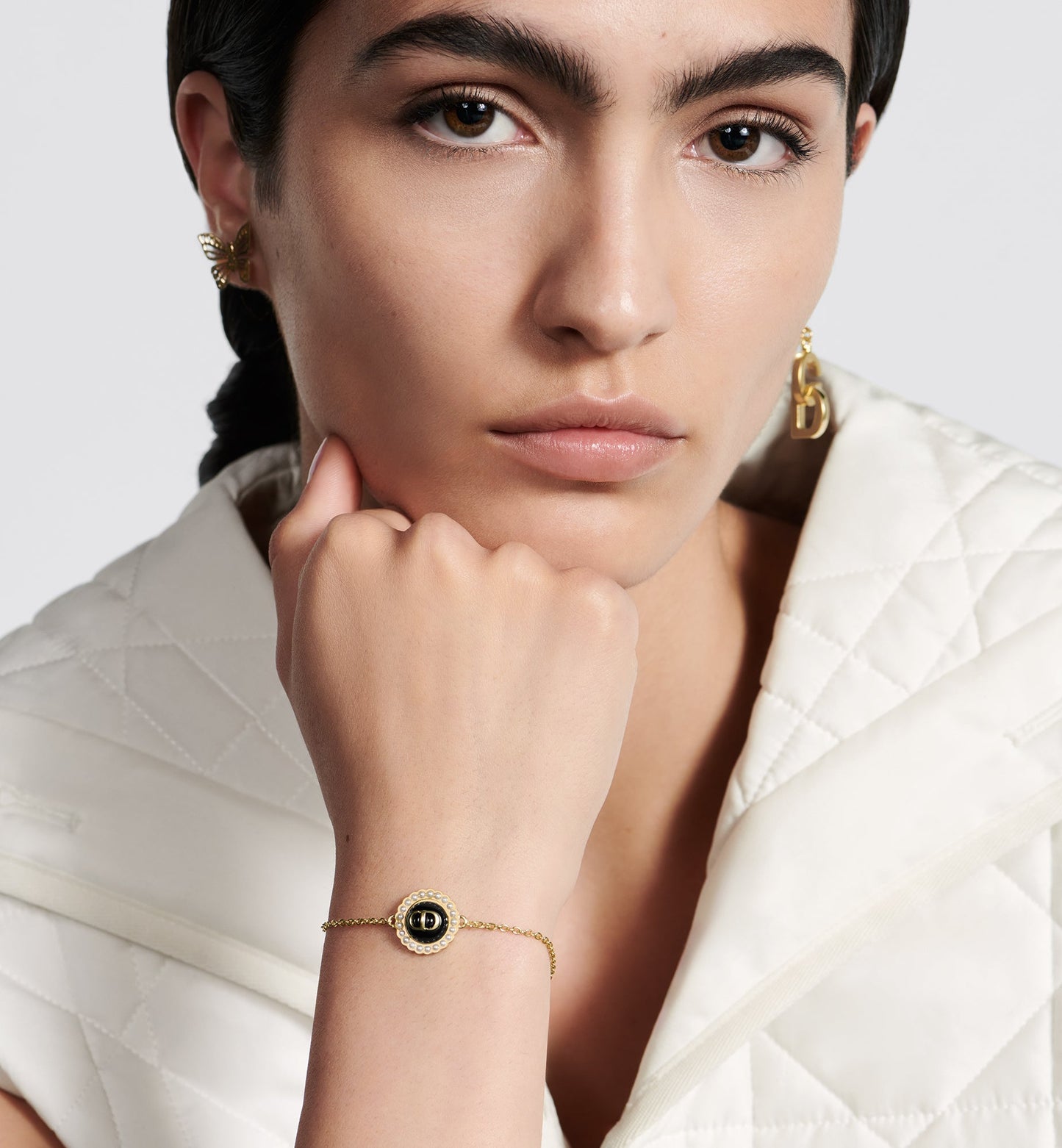 Petit CD Bracelet • Gold-Finish Metal with White Resin Pearls and Black Glass