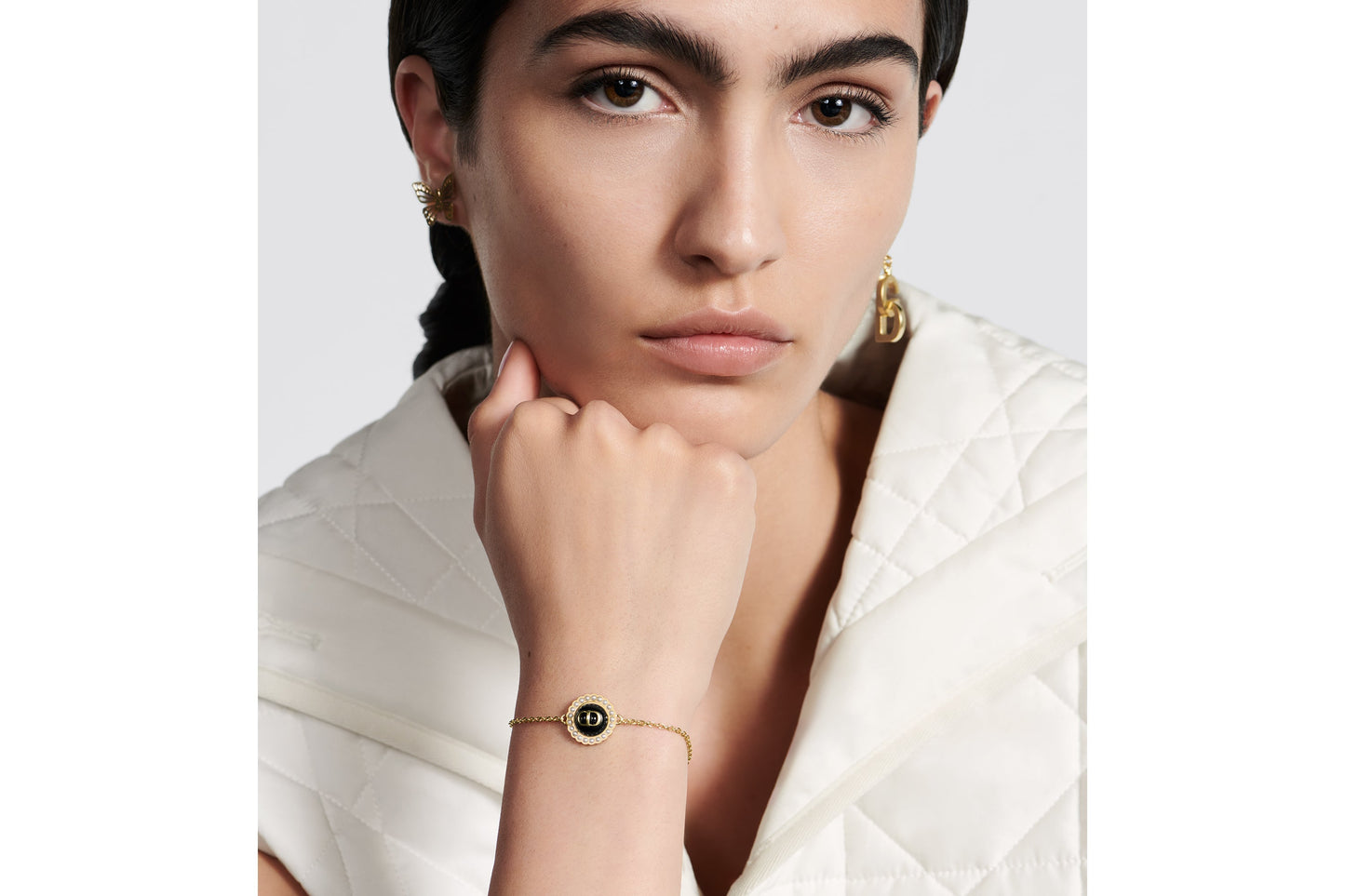 Petit CD Bracelet • Gold-Finish Metal with White Resin Pearls and Black Glass